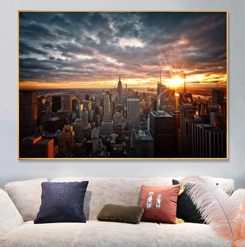 

New York City Sunset View Art Canvas Paintings on The Wall Art Posters and Prints Skline of Manhattan Wall Pictures Home Decor