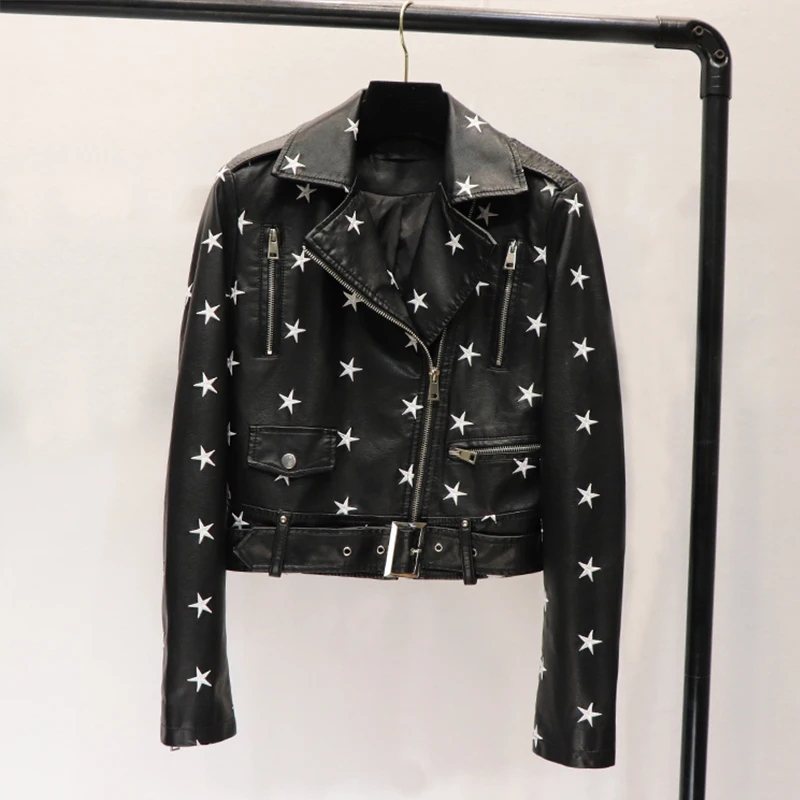 Autumn 2023 Chic Star Embroidery Slim Washed PU Leather Jacket Women Casual Street Fashion Female Leather Motorcycle Outerwear