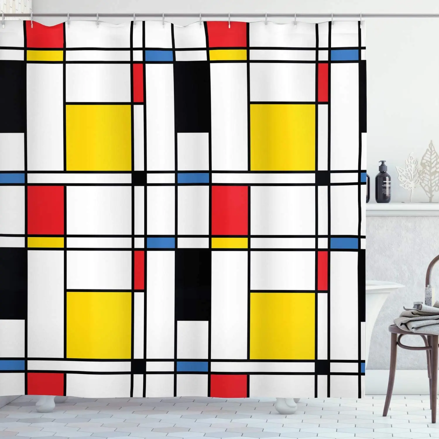 

Abstract Shower Curtain Geometric Colorful Pattern with Crossover Rectangle Frame Shapes Window Print Bathroom Decor Set