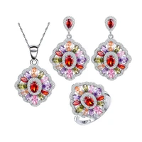 silver 925 multicolor topaz amethyst sapphire garnet jewelry set for women ring necklace pendant wedding jewelry