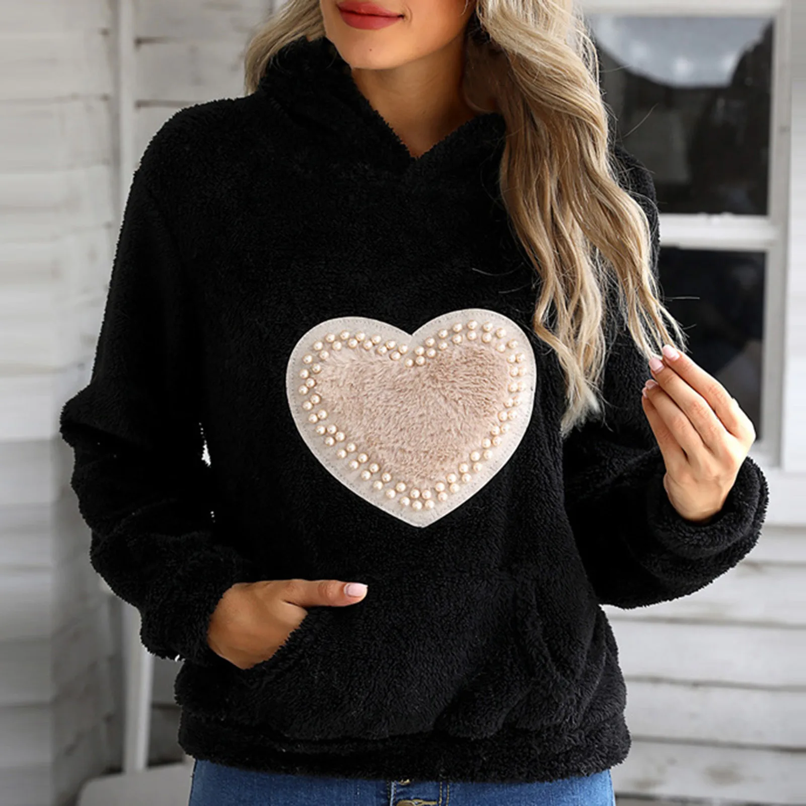 

Fleece Teddy Top Coat Women Long Sleeve Heart Pattern Zip Hooded Casual Sweet Y2k Tops Sweet Kawaii Pink Hoddies Jacket Hairy