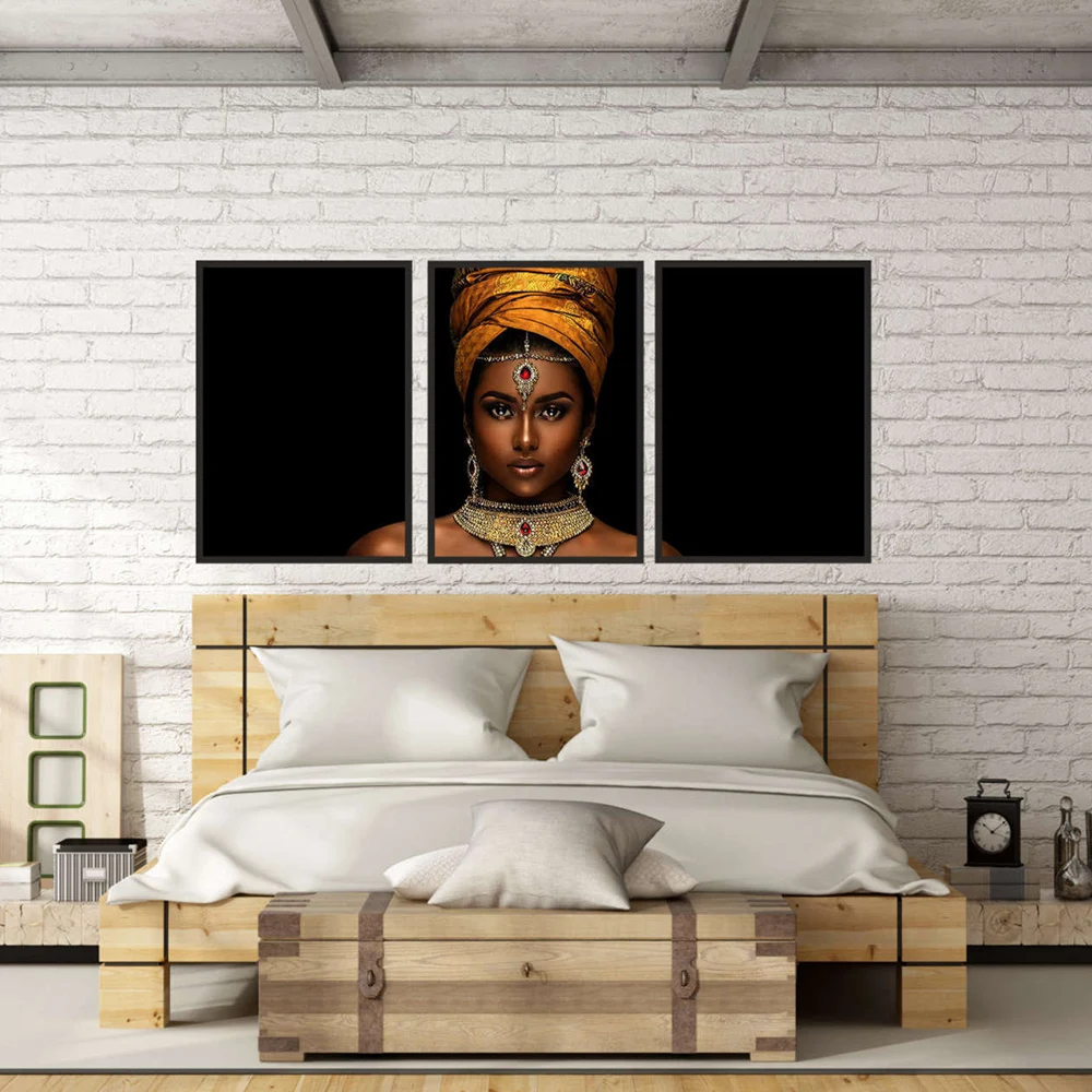

African Art Black and Gold Woman Wall Art Painting on Canvas Cuadros Scandinavian Lady Portrait Posters and Prints Picture