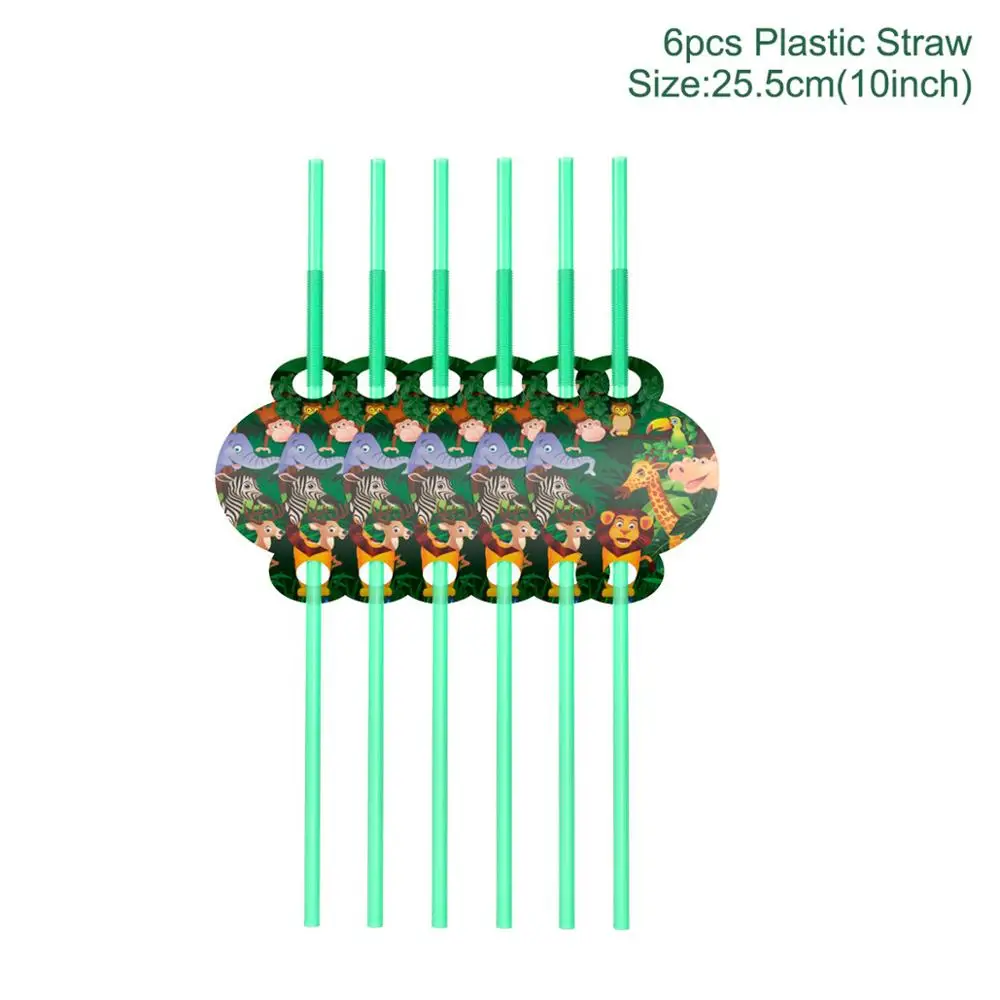 Plastic Straw 6PCS HUIRAN сафари животные бумажный баннер с днем рождения Дети День Рождения Декор джунгли вечерние украшения зеленый слон Зебра - Цвет: Plastic Straw 6PCS