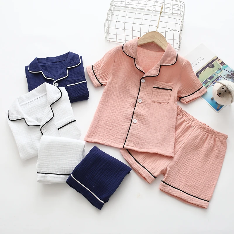 

100% Cotton Baby Summer Pajamas Two-pc Set Kids Short Suit Double Layers Wrinkle Muslin Solid Color Soft/Breathable Home Wear