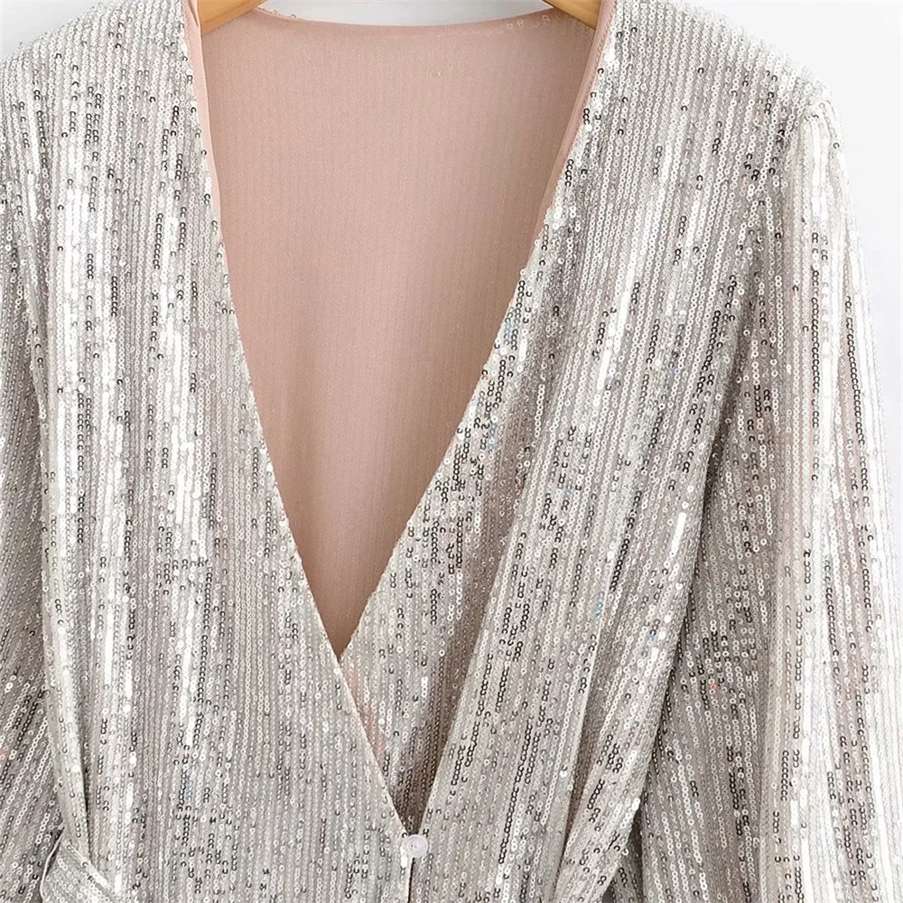 Женское короткое платье с V образным вырезом длинным рукавом и бусинами|Женские