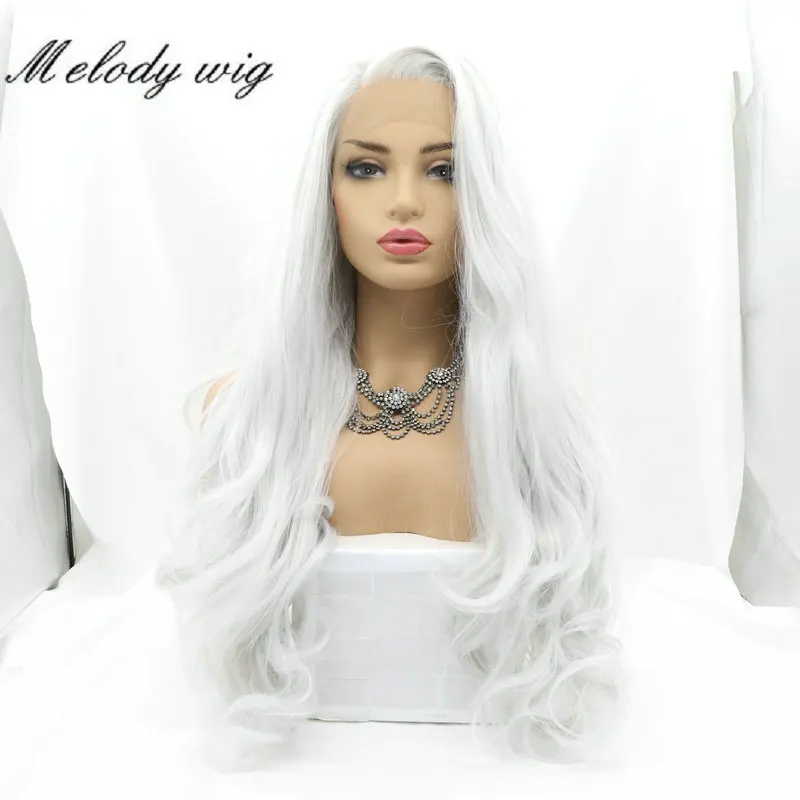 Melody Synthetic Lace Front Wigs Heat Resistant Silver Grey Long Body Wave for Women Natural Looking Daily Wear Cosplay Party