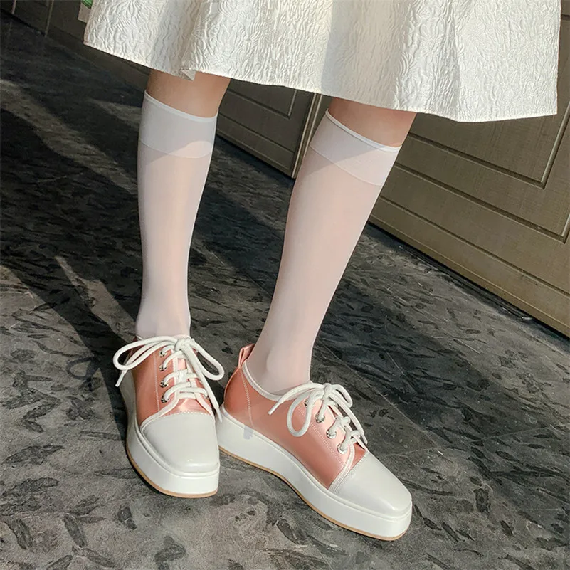 ANNYMOLI Natural Genuine Leather Flat Platform Shoes Woman Shoes Square Toe Flats Lace Up Female Casual Footwear Spring Apricot