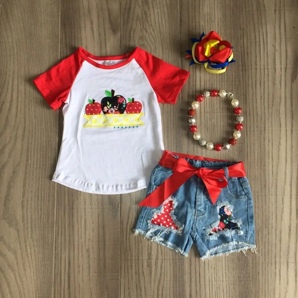 baby girls summer clothing kids back to school outfits apple shirt with jeans shorts student accessories | Детская одежда и обувь