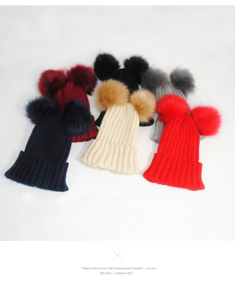 Модная вязаная шапка с двумя помпонами из искусственного лисьего меха зимние