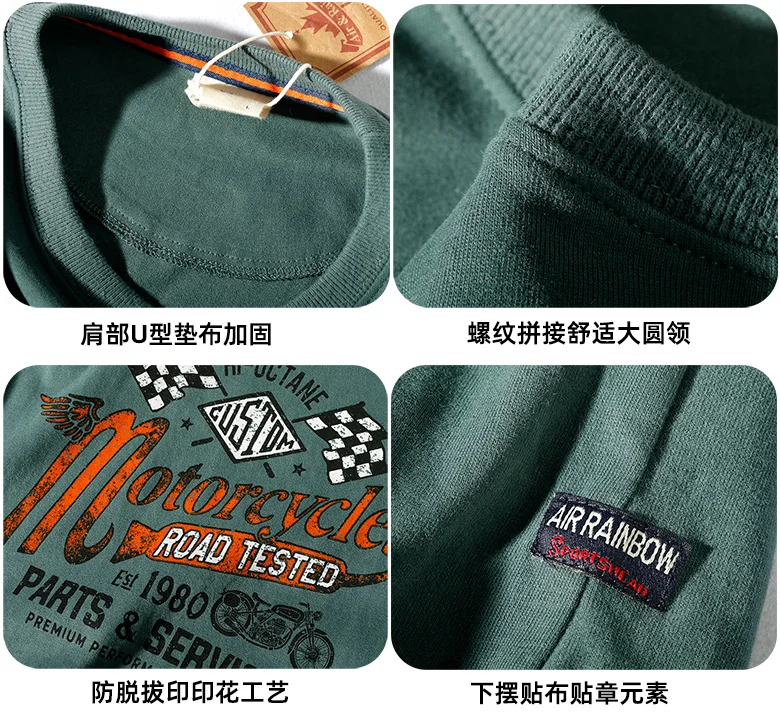 

Новинка лета 2021, Американская футболка в стиле ретро с коротким рукавом и принтом, Мужской пуловер из чистого хлопка с вареным старым круглы...