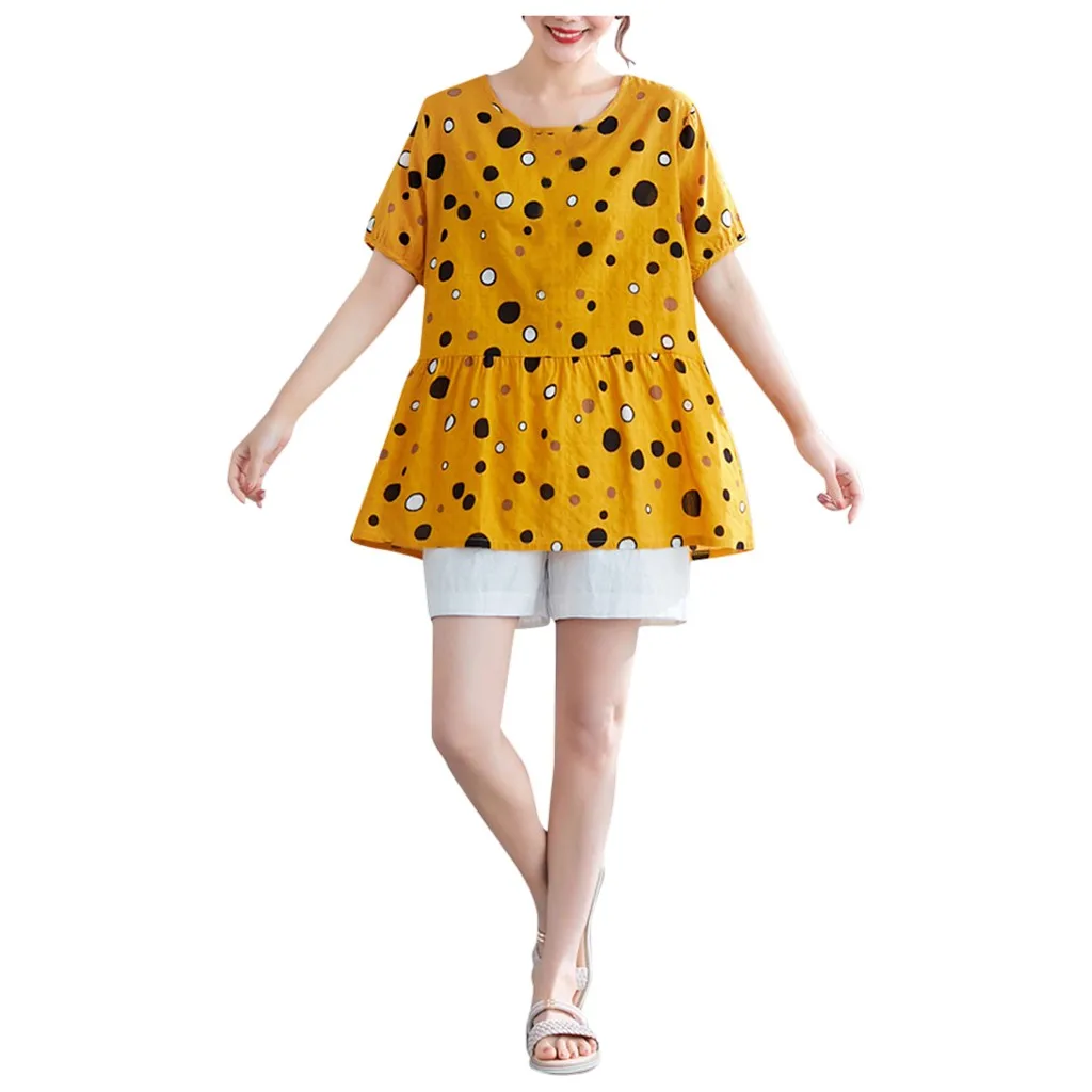 Women's Cute Polka Dot Printing O-Neck Short Sleeve Blouse Summer Shirt New Woman Slim Fit Tight Retro Tops | Мать и ребенок