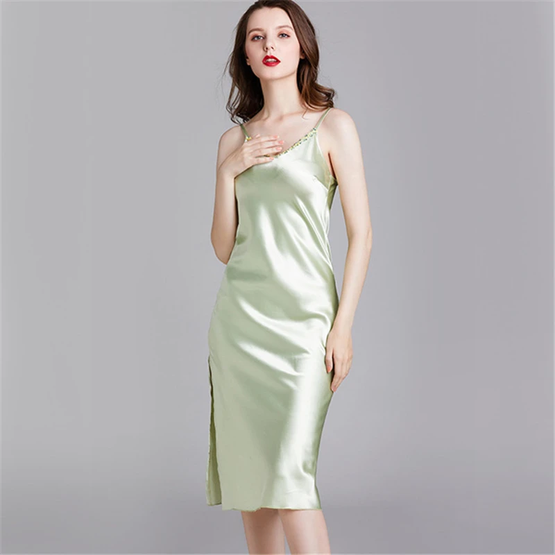 

Home service nightdress female spring and summer rayon green Nightwear sexy strap nightdress female elegant long skirt Nightgown