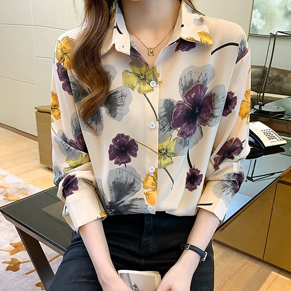

2022 Spring Summer Blouses Women Flower Printed Chiffon Shirt Long Sleeve Lapel Loose Blouse Tops Casual Blusa Feminina