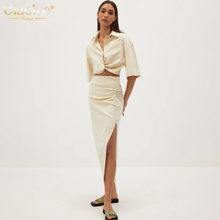 

Clacive Casual Lapel Blouse Top Ruched Split Skirt Set Women Fashion High Waist Skirt Linen Two Piece Set Female Suit With Skirt