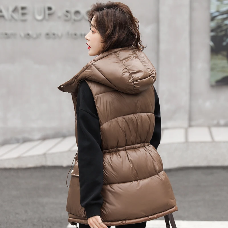 

Autumn Winter Black Vest Women Zipper Hooded Down Cotton Jackets With Big Pockets Warm Loose Mid-Length Sleeveless Jacket Women