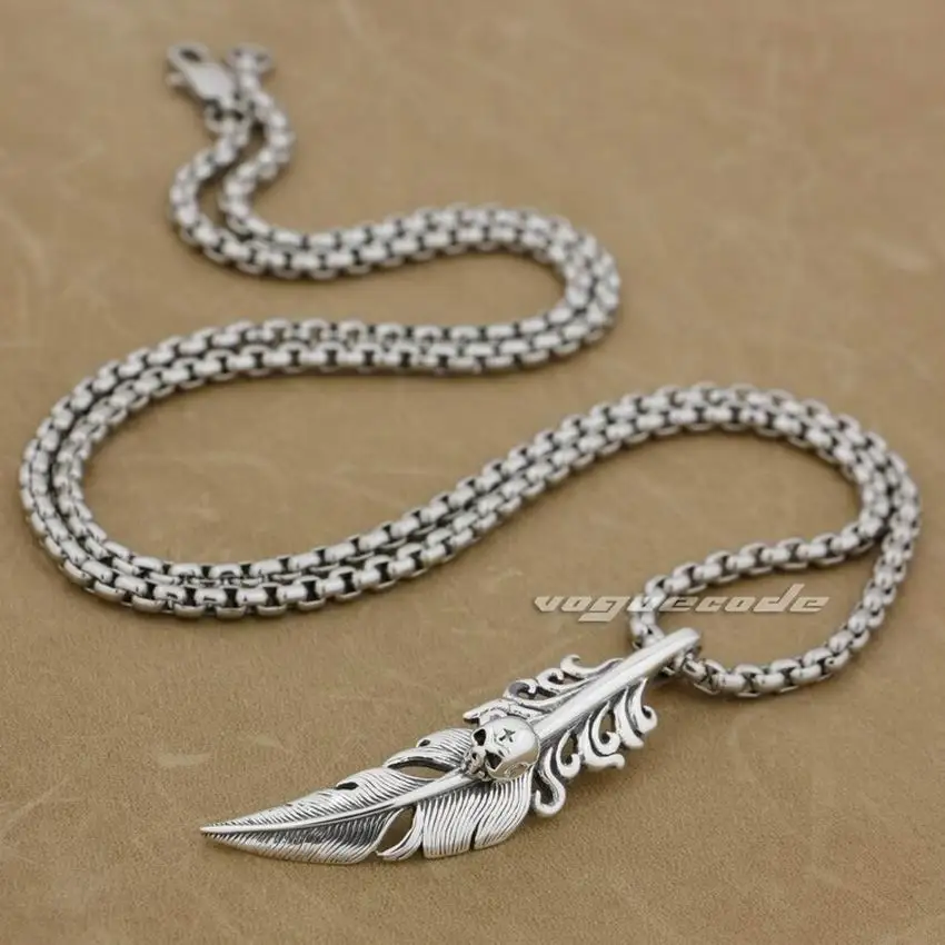 

925 Sterling Silver Leather Skull Mens Biker Rock Punk Pendant 9H006