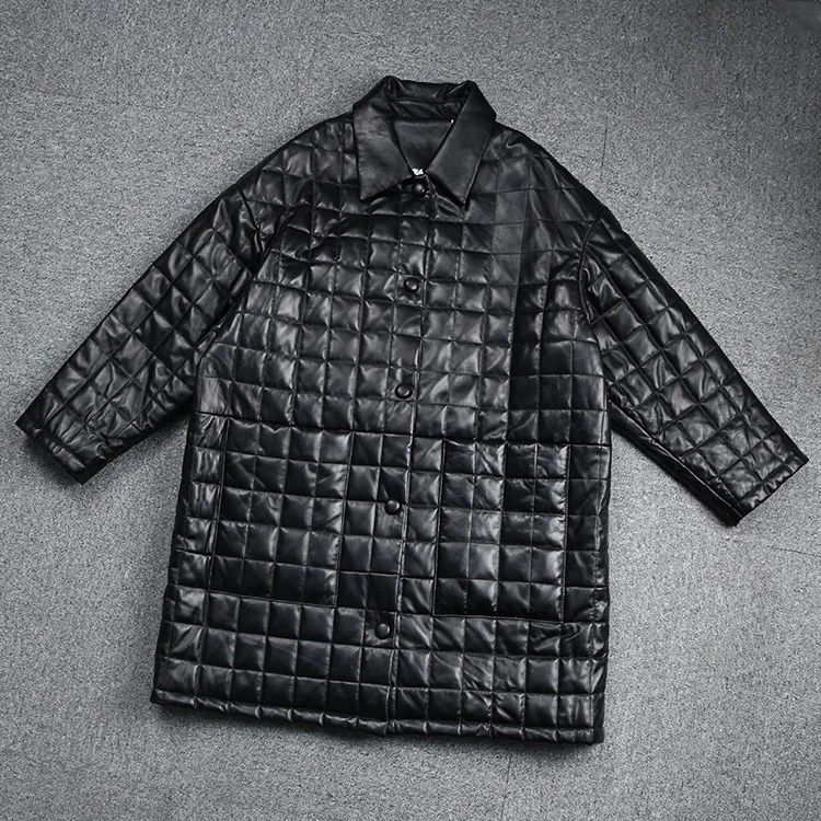 Spring Autumn Korean Style Women's High Quality Sheepskin Pocket Overcoat Chic Genuine Leather Plaid Loose Quilting Jackets F056