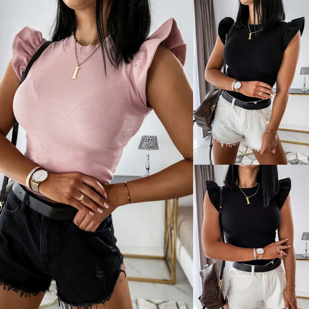 

Ruffles Short Sleeve T-Shirts Women Elegant O-Neck Pullover Tops Casual Cute Solid Stretchy Slim Summer Black Pink Tshirt Female