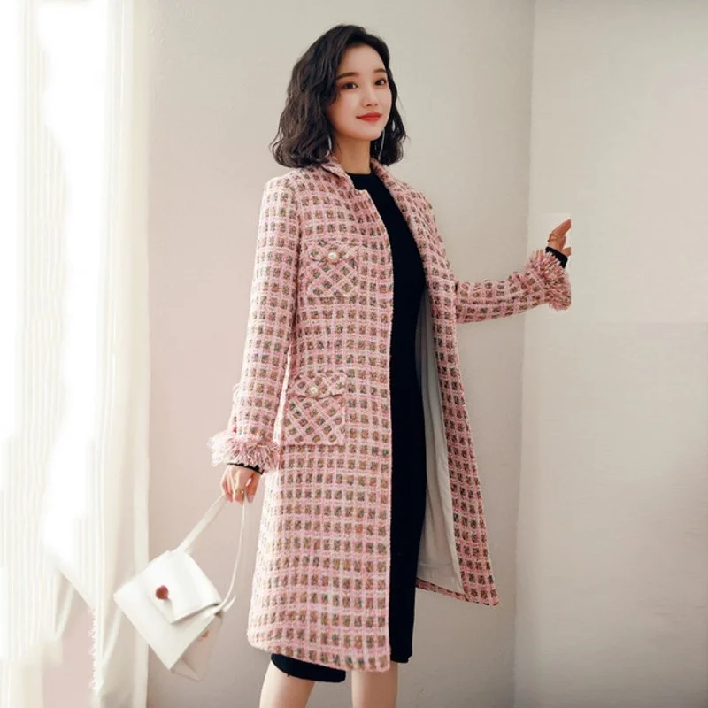 

Long Fashion Womens Trench Coat Prairie Chic Pockets Tassel Spliced Tweed Outerwear Skirt Turn-Down Collar Warm Woolen Coat