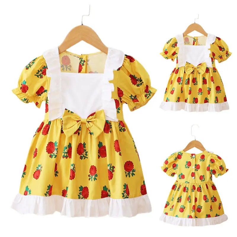 

Floral Printed Girls Bowknot Dress Cbildren Kids Summer Mini Short Vestidos
