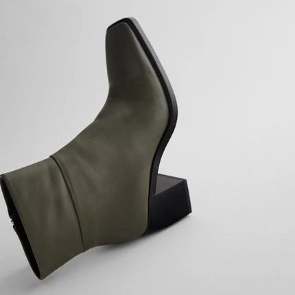 

Genuine Leather Green Square-toe High-heel Woman Boots Square-heel Ankle Side Zip Spring Autumn Boots Fashion Botas Mujer 2021