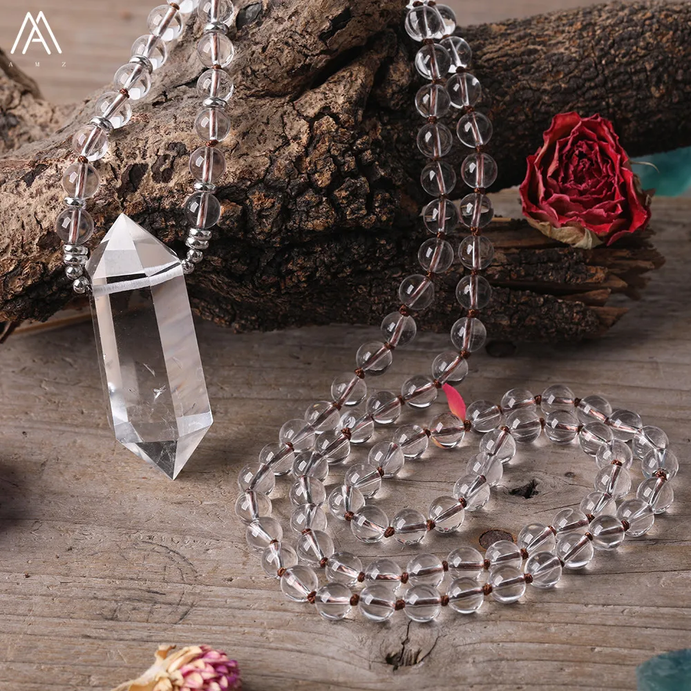 Четкие белые кварцевые круглые бусины Мала ожерелье с двойными точками