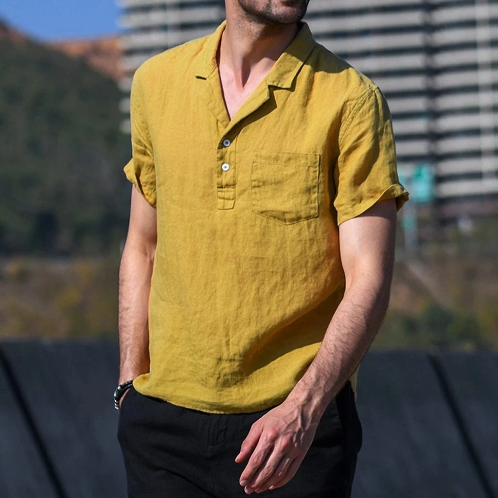 

2021 Retro linen men's shirt short sleeve solid color lapel collar pocket casual Mayo shirt