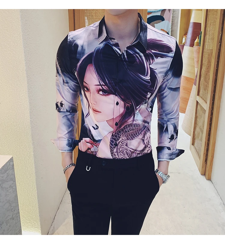 Высокое качество, Camisa Masculina, мода, мужская рубашка с длинным рукавом, красивая девушка, с принтом, тонкая рубашка, мужская рубашка для ночного клуба, смокинг, платье