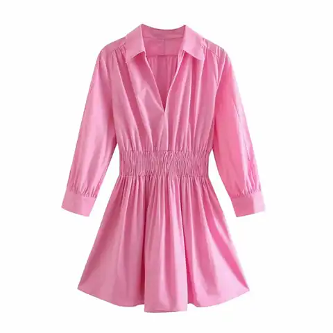 BBWM 2021 Pink Mini Shirt Dress Women Elegant Long Sleeve Elastic Waist Office Laay Summer Dress Woman Fashion Poplin Dresses