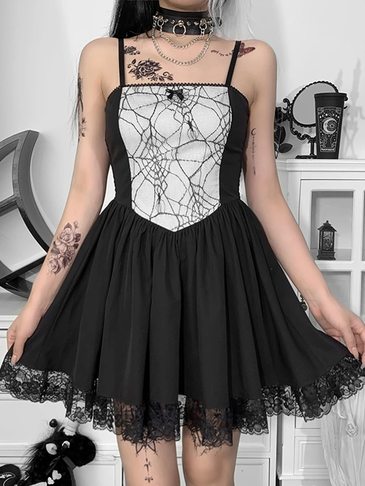 

Fairy Grunge Spider Mesh Croset Dress Aesthetic Hight Waist A Line Lace Tirm Sleeveless Mini Dresses E Girl Lolita Dress