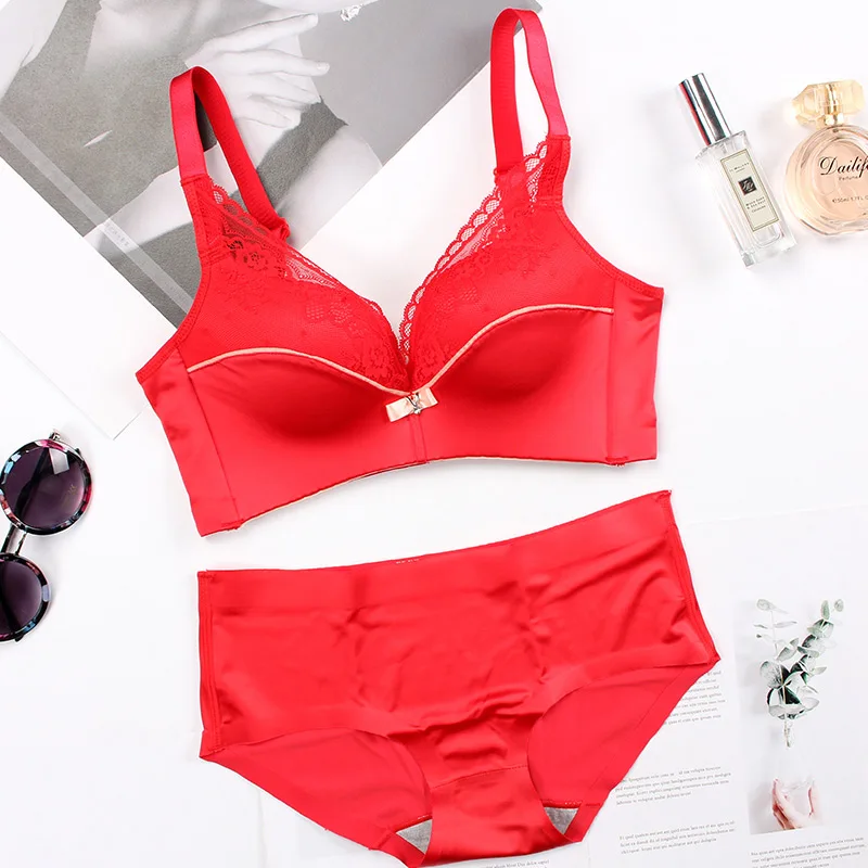red bra set Meizimei, кружевной deepV сексуальный бюстгальтер без косточек, комплект нижнего белья пуш-ап для женщин, маленький размер, бюстгальтер для девушек, тонкие трусики, бюстгальтер для девочек, ABC cup - Цвет: red bra set