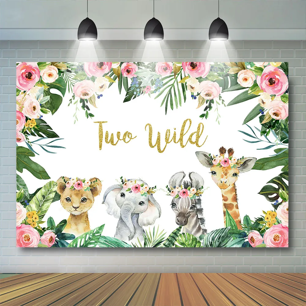 Girl Two Wild Backdrop Jungle Animals Background Boy Animals Cake Smash Birthday Green Leaves Safari Kids Party Banner Studio