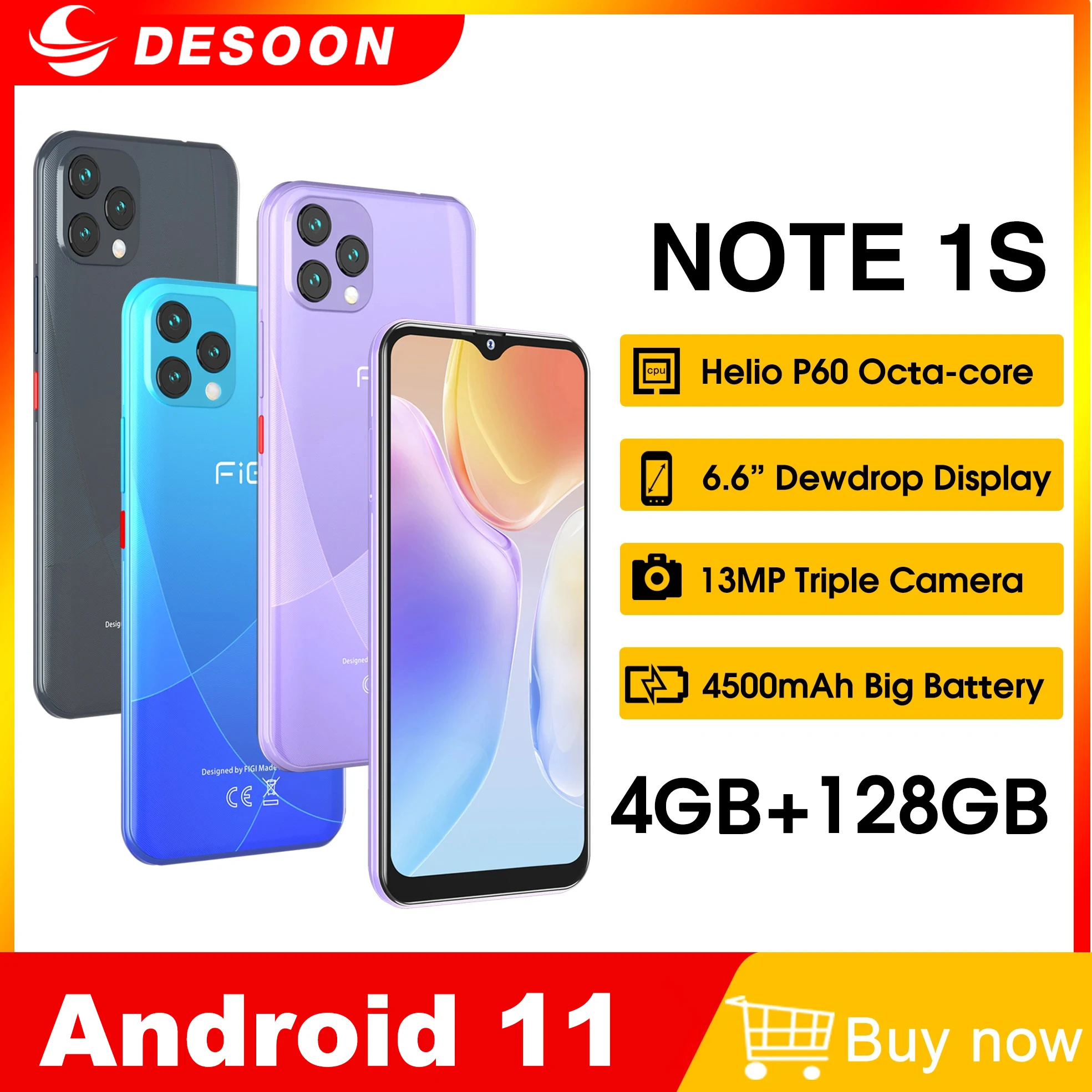 [World Premiere]FIGI NOTE 1S Android 11 6.6 HD+ Smartphone 128GB 4GB Octa core Mobile Phone 13MP Triple CAM 4500mAh Cellphone