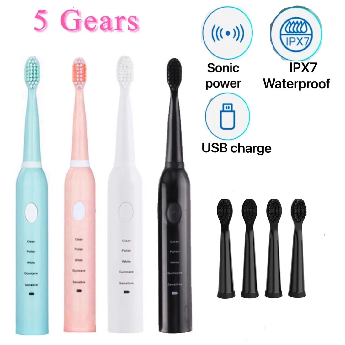 

Powerful Ultrasonic Sonic Electric Toothbrush USB Rechargeable Tooth Brushes Washable Whitening Teeth Brush Adult Timer