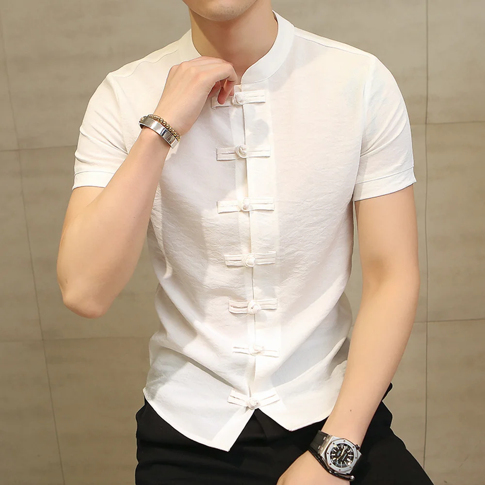 

Summer New Men Shirt Fashion Chinese style Slim Fit Casual Solid color Short Sleeves Social Stand collar Dress Shirts M-5XL 6XL