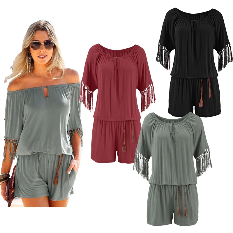 

Women Sexy Tassel Sleeve Button Sashes Cotton Playsuits Beach Jumpsuits Casual Pocket Short Jumpsuit Femme Rompers