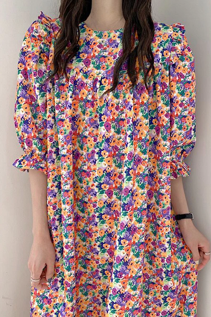 

New Summer Women Fashion All-match O-neck puff sleeve Dress loose casual print Ruffles long Dress 2021