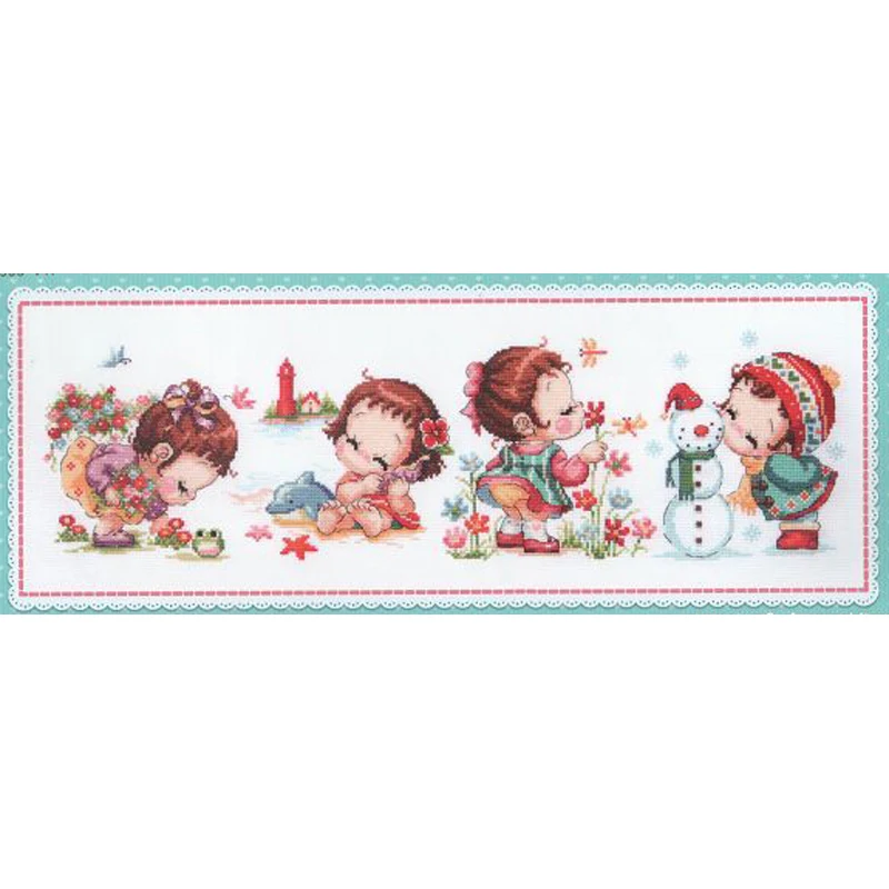 

"Cute girl four season" cartoon Counted cross stitch kit 14ct 11ct printed fabric embroidery DIY needlework FishXX