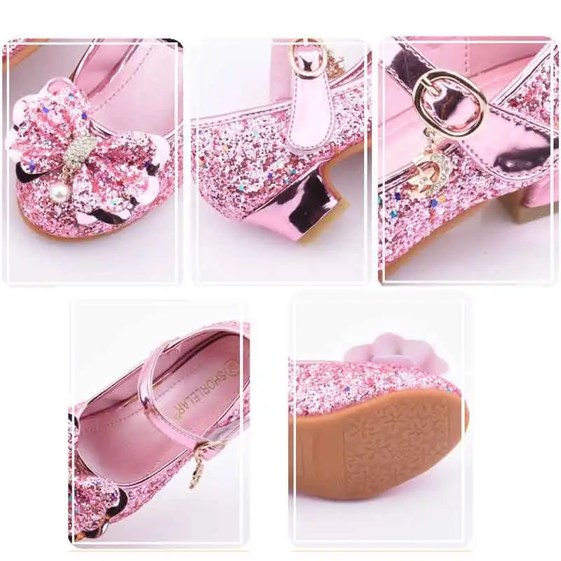 

Princess Girls Shoes Party Dance Show Single Leather Shoes Bowtie Sequins Crystal Sandals Western Boutique Children's High Heels