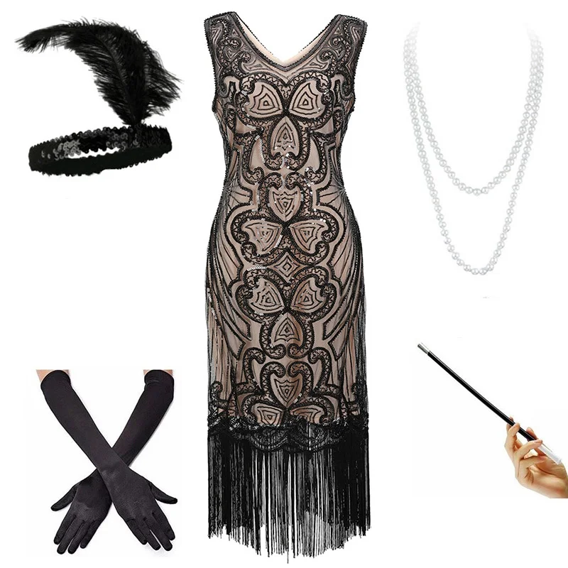 black pink set -b Женские 1920s Гэтсби Хлопушки бахрома платье V шеи бисером блесток платье(розовый/черный/красный/Абрикосовый) S-XXL - Цвет: black pink set -b