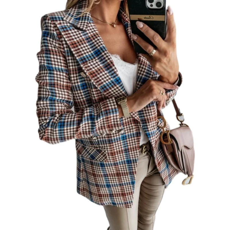 

D614018 European and American New Fashion Suit Plaid Jacket Woman Jacket