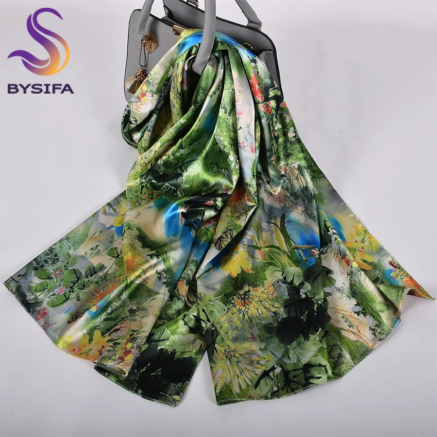 Bysifa cachecol feminino de cetim, lenço longo de seda estilo xale com estampa impressa, primavera e outono de 160x70cm