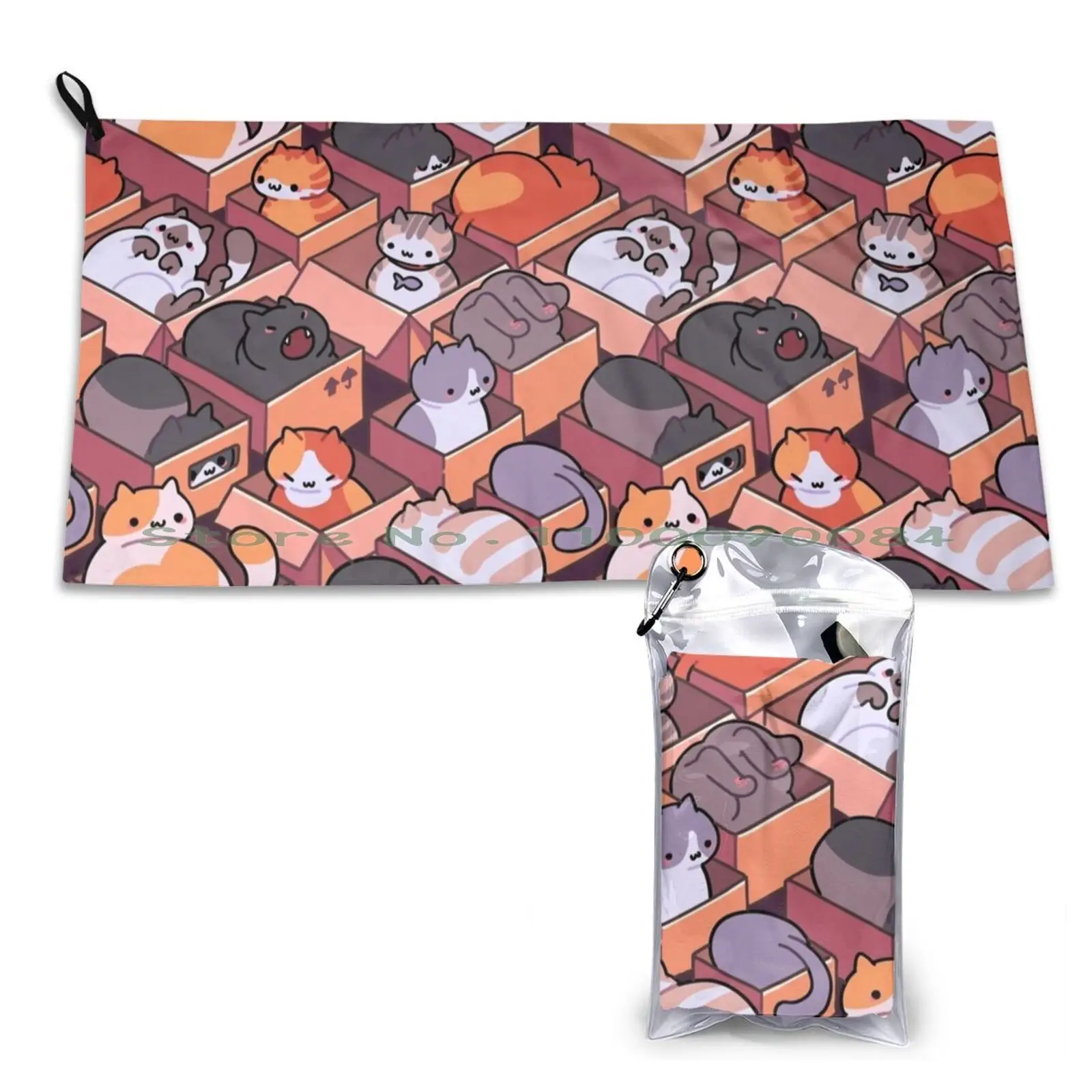 Быстросохнущее полотенце с изображением кошек в коробочках портативное для