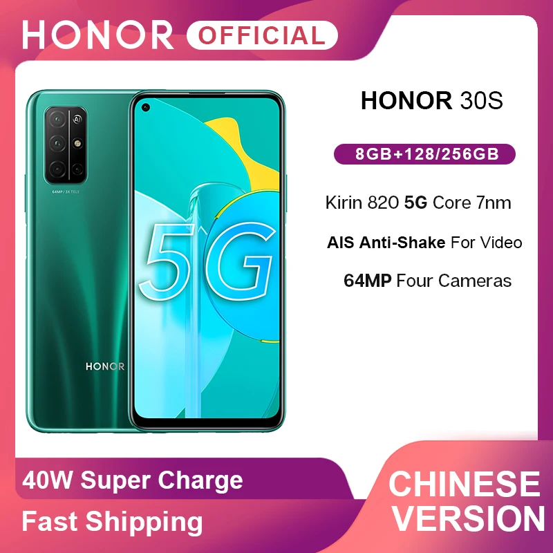 Новое поступление Honor 30 S 5G смартфон Kirin 820 6 5 'ོMP четыре AI камеры Лицо ID Android10