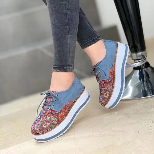 

2021 summer new retro pattern all-match female flat shoes shoes comfortable lace wear-resistant ladies sneakers