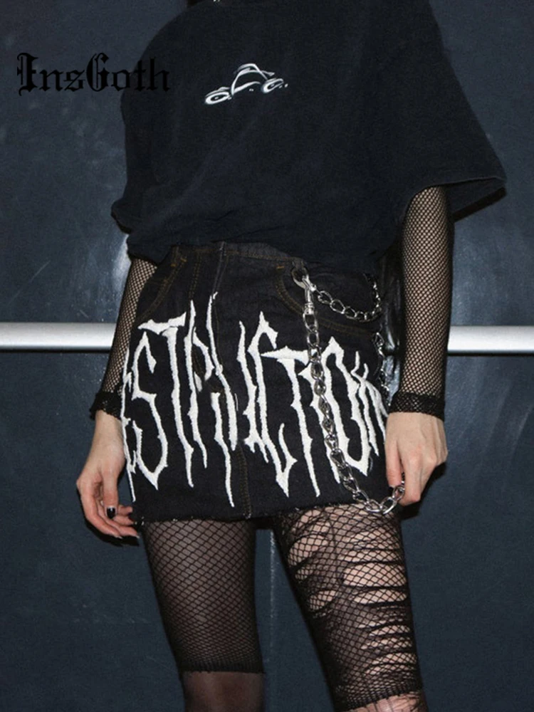 

InsGoth Punk Harajuku Black Denim Skirt Y2K Goth High Waist Chain With Pocket Mini Skirts Grunge Streetwear E Girl Fashion Skirt
