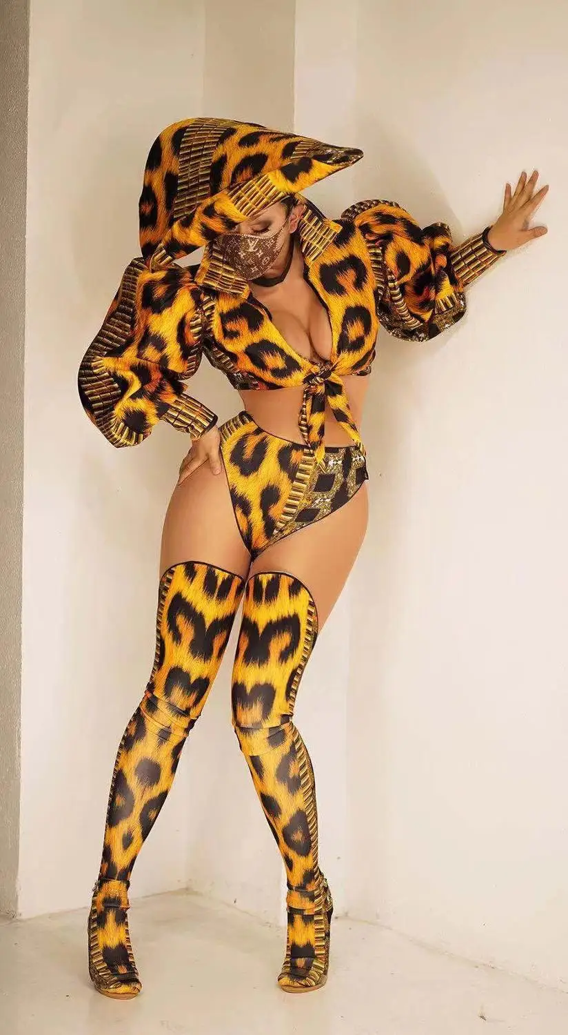 

Fashion show model costume gold stage outfit with hat sexy nightclub bar performance wear women party dance costume