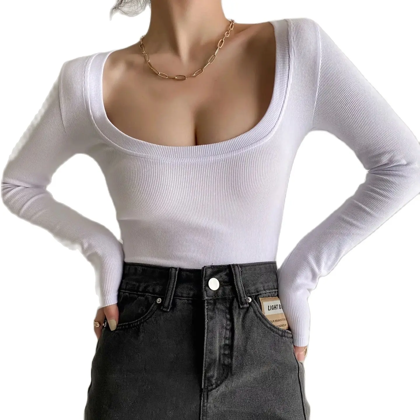 

Женские Длинные рукава трикотажная футболка низкая грудь большой u-образным вырезом тонкая короткая нижняя рубашка для женщин пикантные эл...