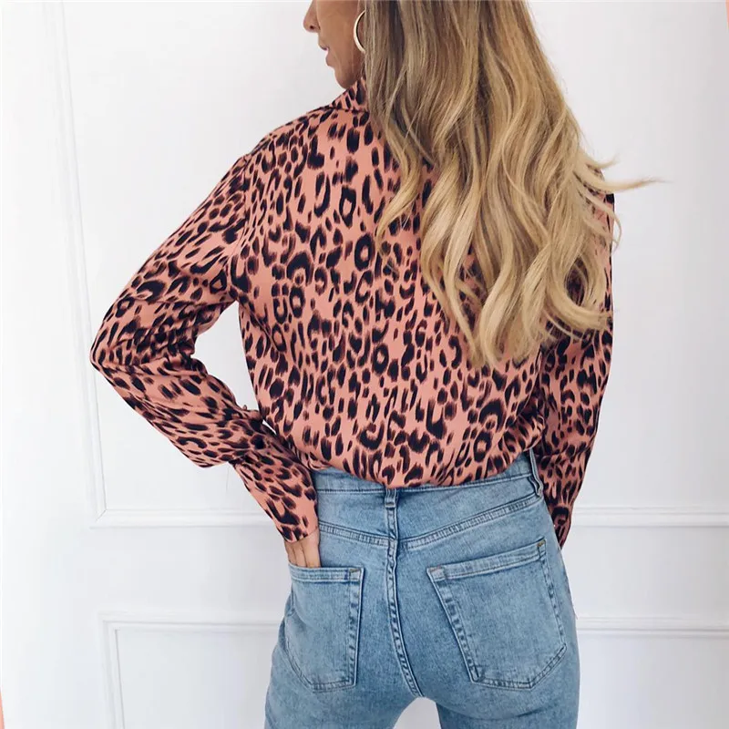 

Nice Women Autumn Fashing Leopard Long Sleeve Turn Down Collar Lady Office Sexy T-Shirt Loose Tops Plus Size Blusas Chemisier