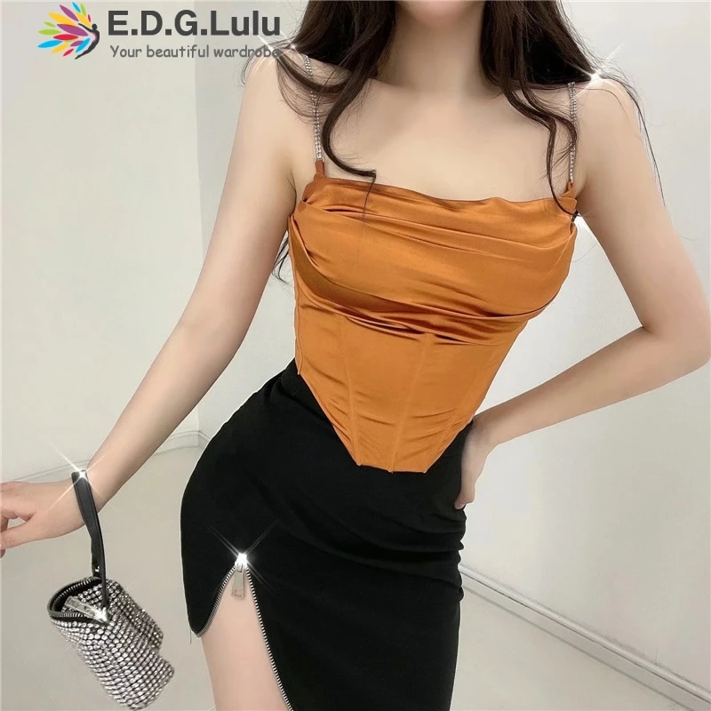 

EDGLuLu Sexy Diamond Spaghetti Strap Square Neck Crop Top Women Backless Sleeveless Irregular Orange Camisole New Arrival 0426